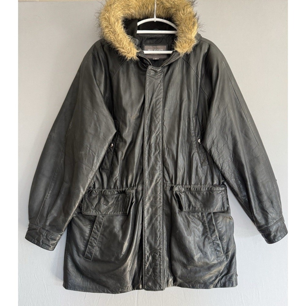Vintage‎ Wilsons Leather Jacket Mens Medium Hooded Coat Parka Fur 90s Moto Y2K